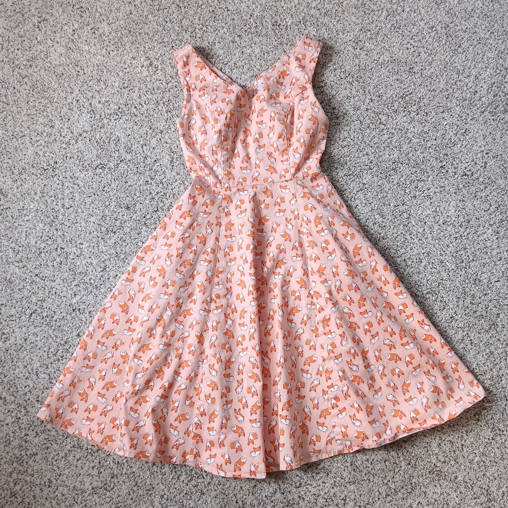 Modcloth Eva Rose Fit And Flare Peach Corgi Swing Dress Size S Or Xs - Picture 2 of 6